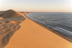 Dune et océan<br><br> Le soleil couchant, les dunes du Désert du Namib prennent une couleur orangée qui devient complémentaire avec le bleu de l’océan dans lequel elle se jettent. Un paysage de carte postale unique au monde. Clic-clac 📷.